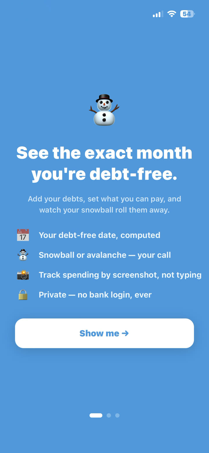 See the month you're debt-free — your date computed, snowball or avalanche, private