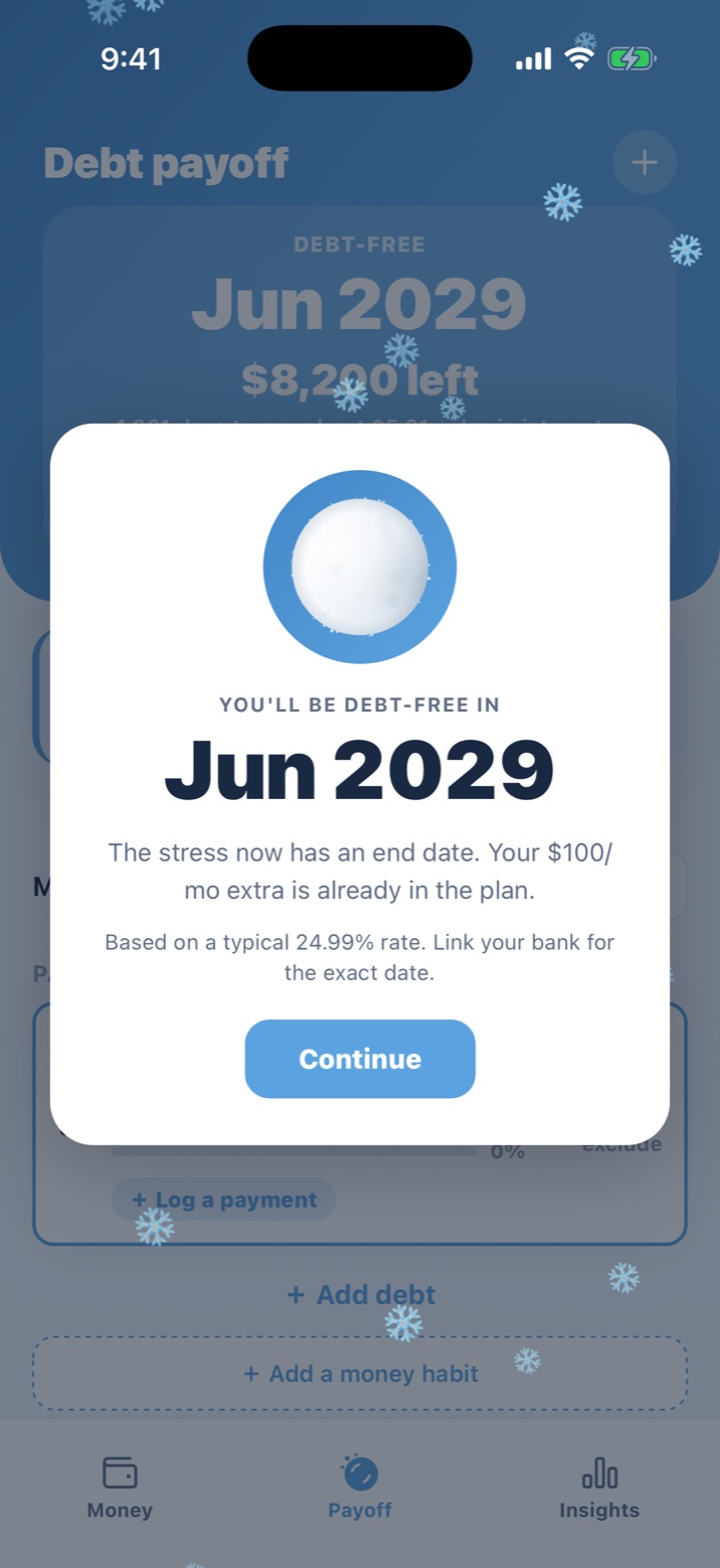 Snowballer showing: you'll be debt-free in Jun 2029