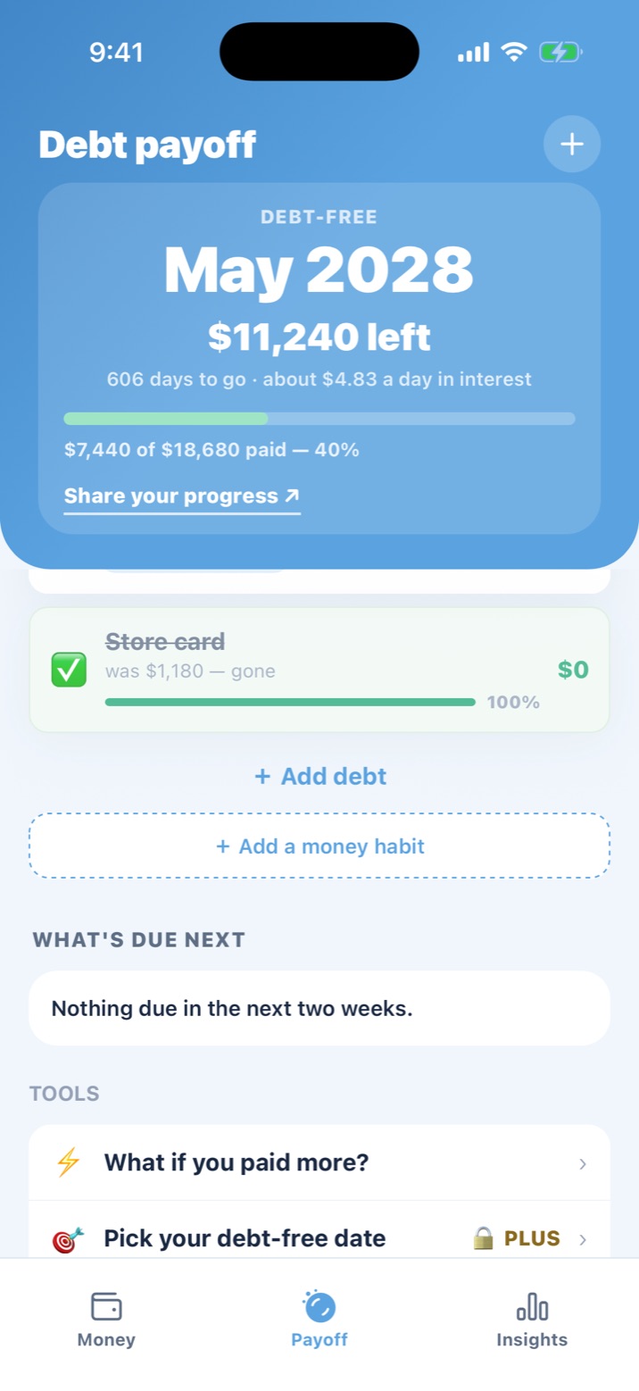 Snowballer payoff tab with a paid-off store card at 100 percent